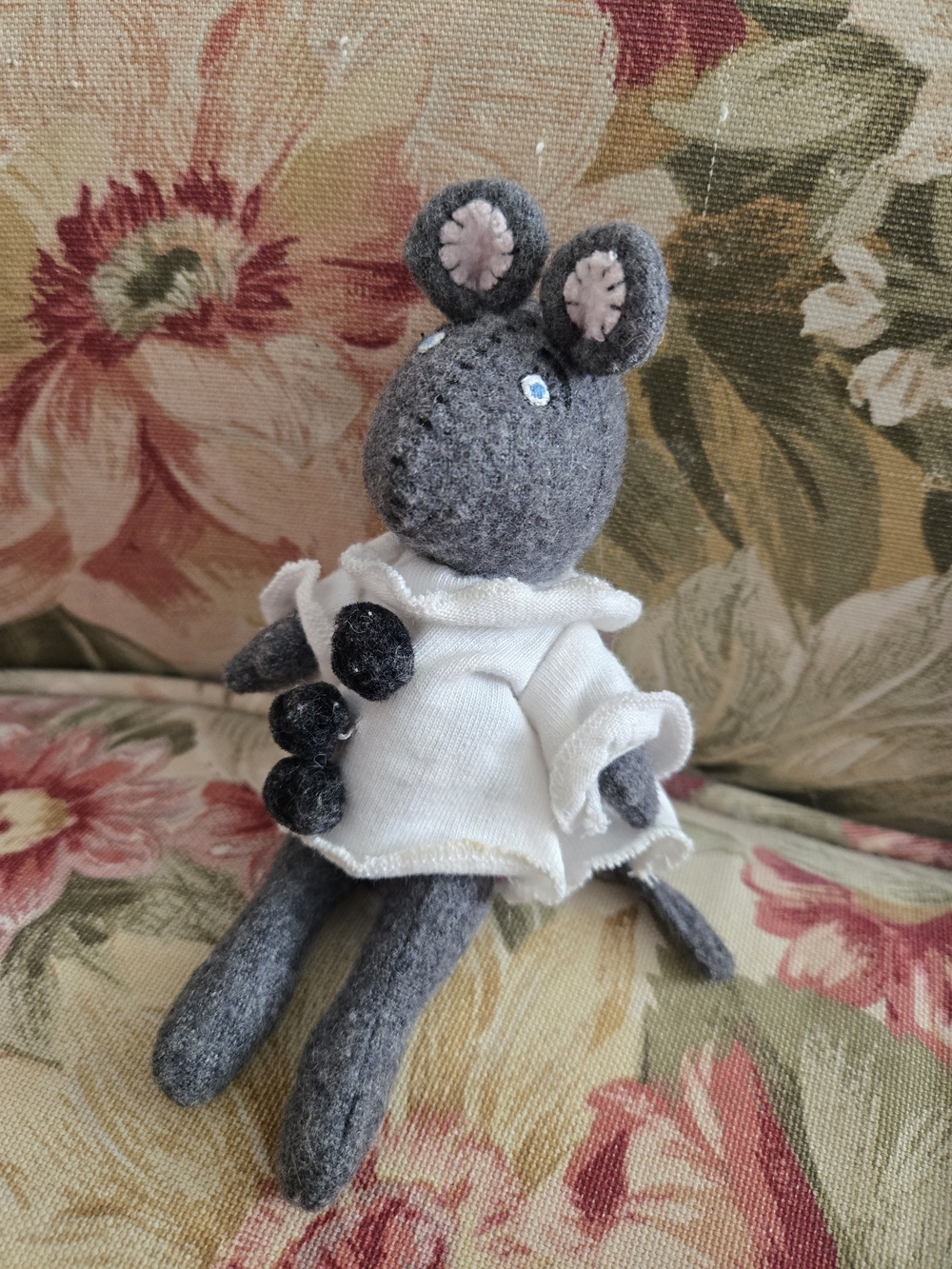 American Girl Gray Felt Mouse in White Dress with Pink Ear Accents